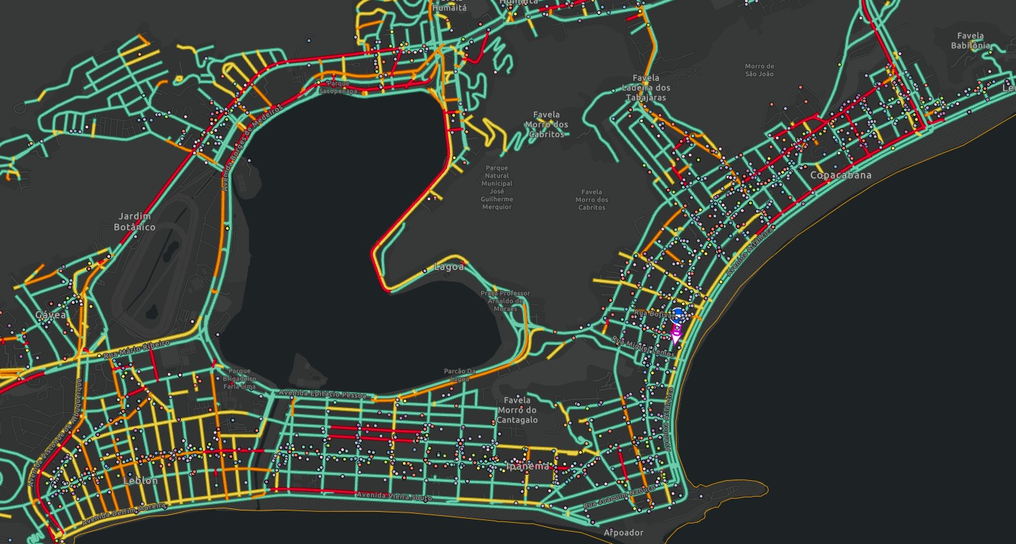 Mapa de geradores de fluxo com pontos categorizados por tipo de estabelecimento