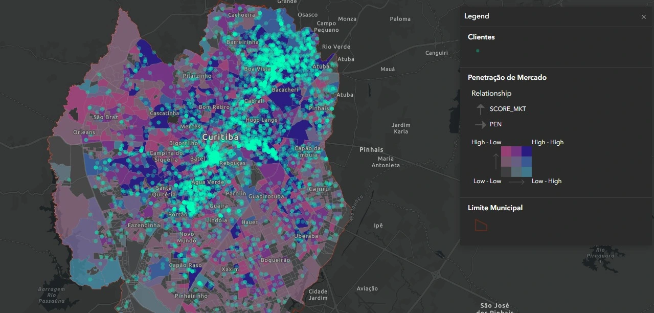 Mapa bivariado de penetração de mercado em Curitiba com clientes e score