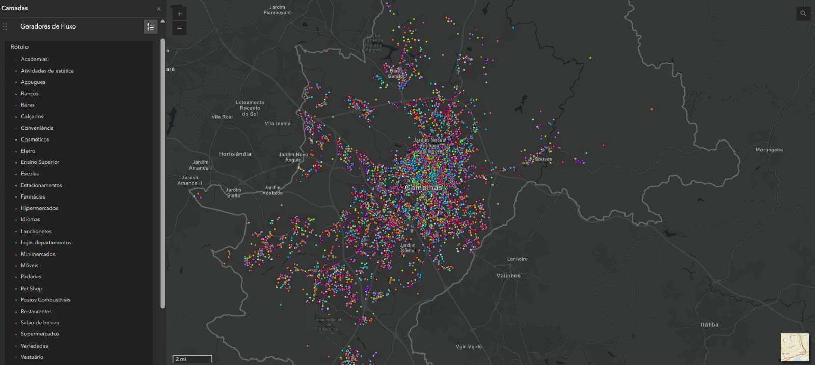 Mapa de geradores de fluxo com pontos categorizados por tipo de estabelecimento