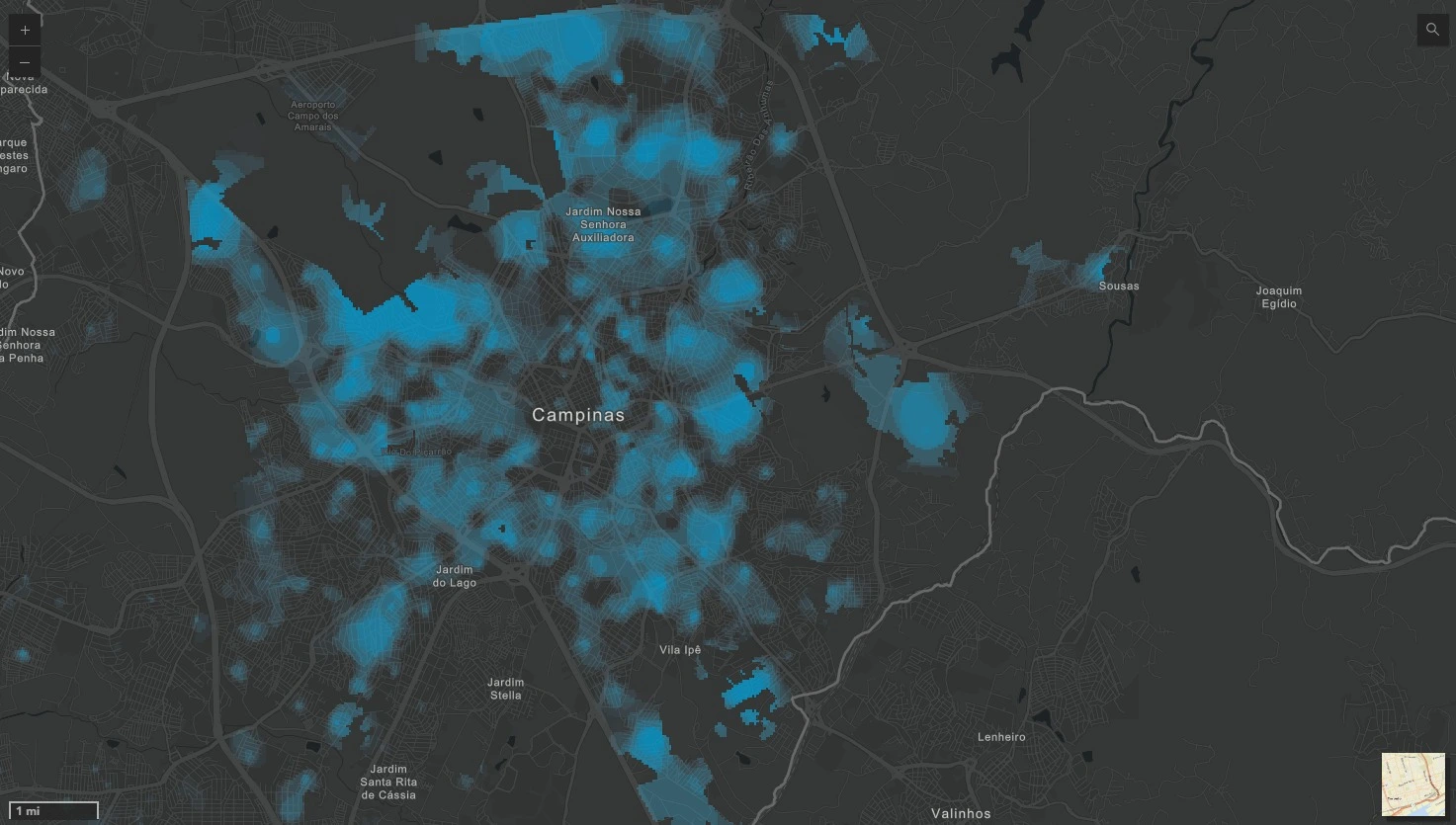 Heatmap de densidade urbana em Campinas com áreas de maior concentração